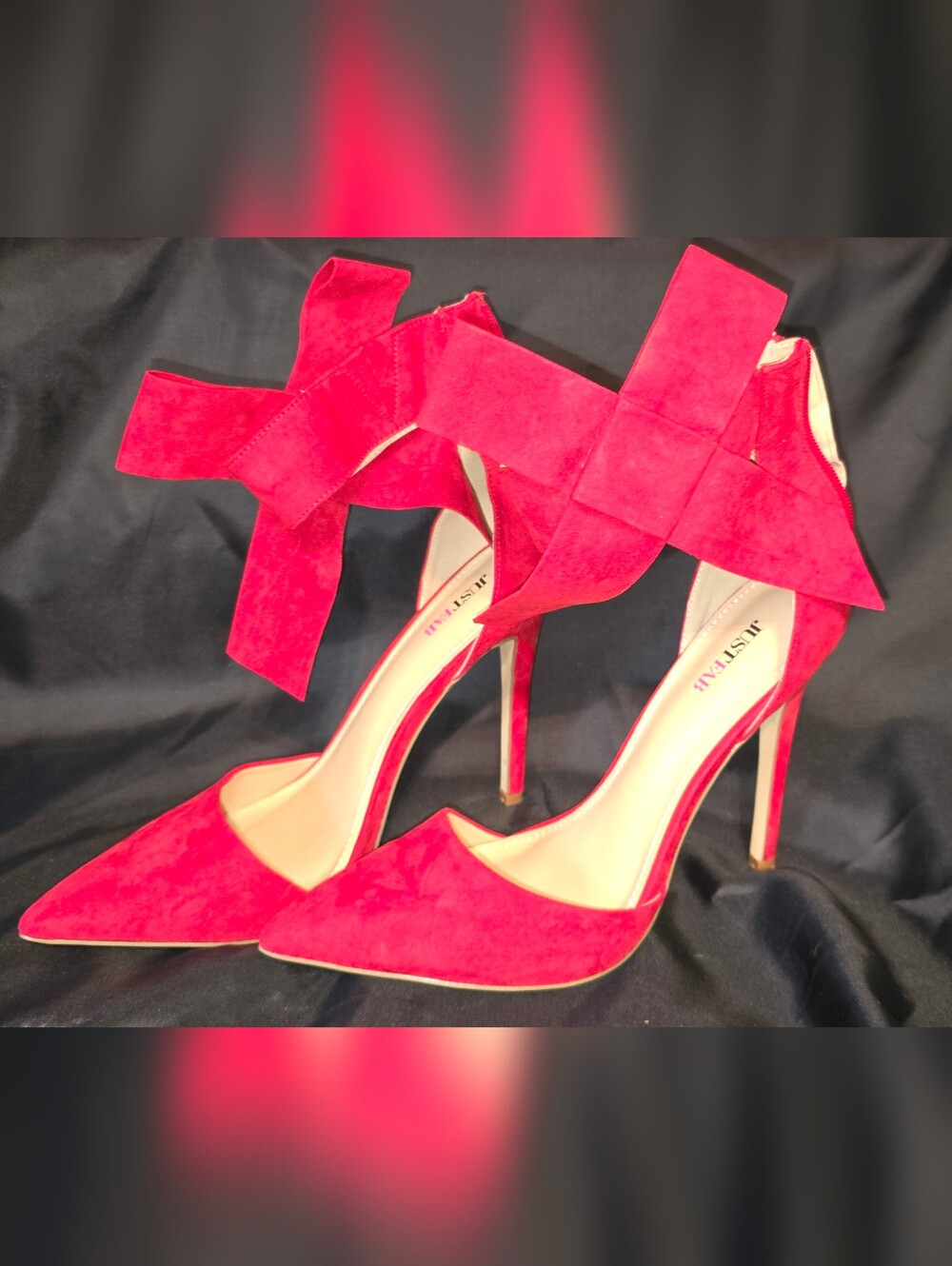 JUSTFAB Red Suede Bow Ankle-Strap Stiletto Heels
